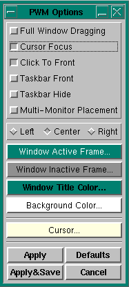 PWM Options dialog